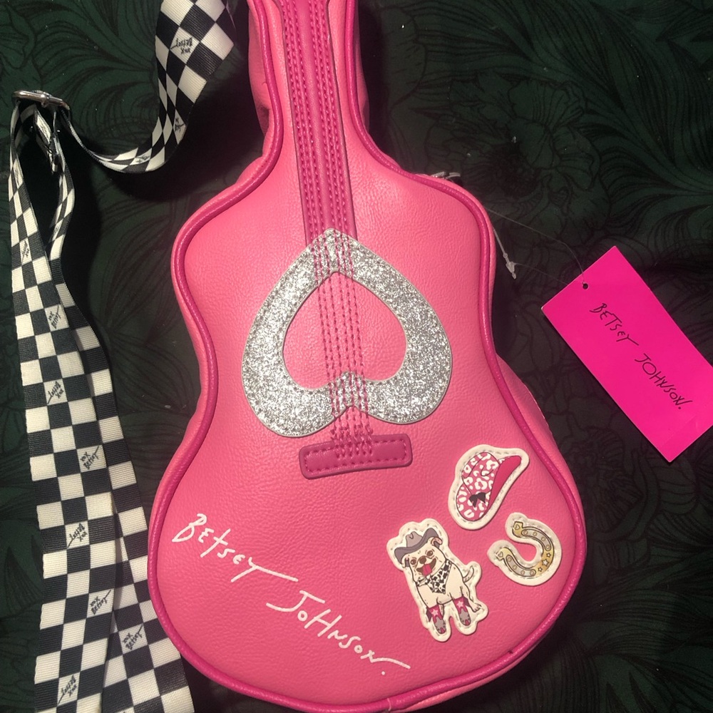 Betsey Johnson Pink Guitar Bag with Silver Heart